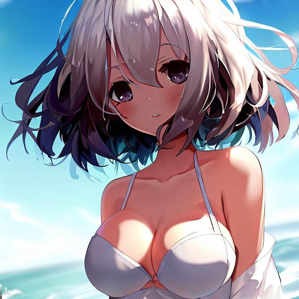 銀髪褐色の水著