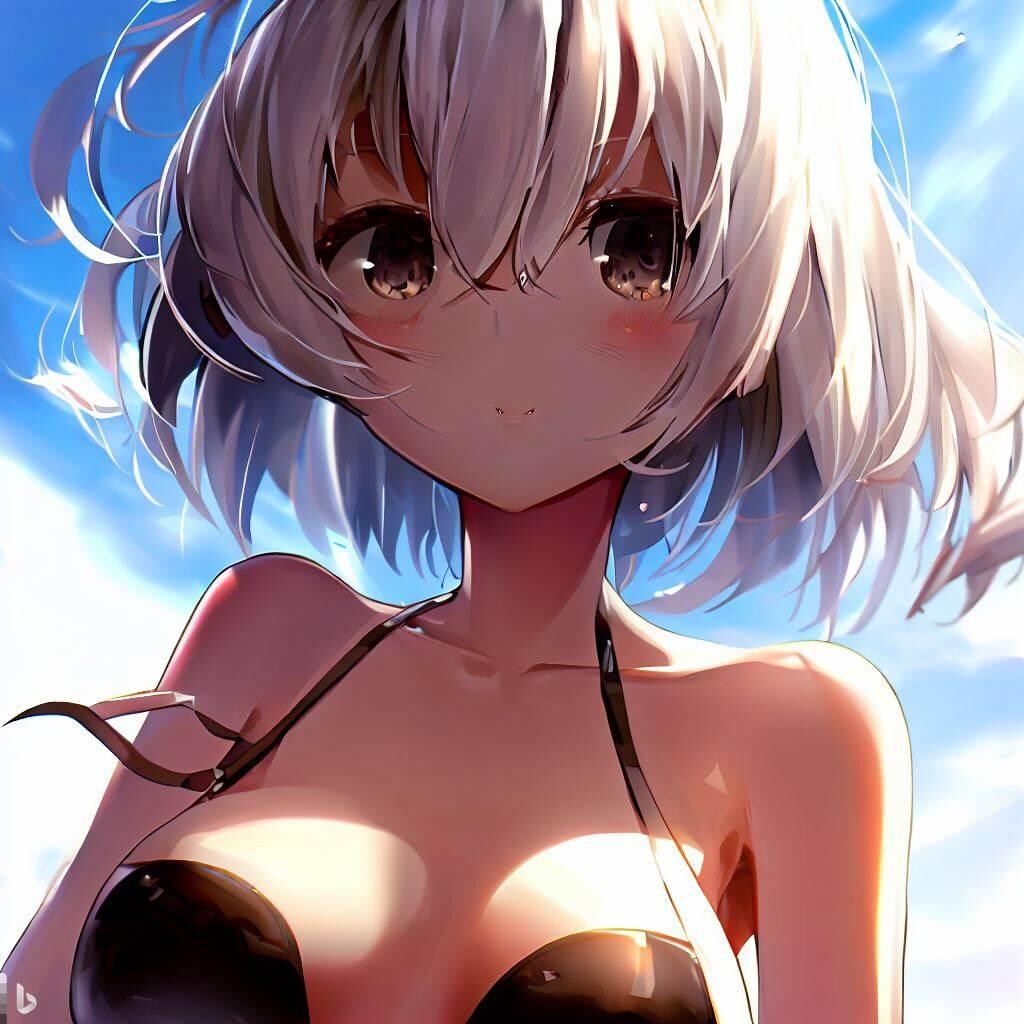 銀髪褐色の水著