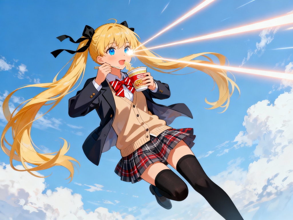 空を飛びながら目からビームを出して、カップラーメンを食べてるイラスト