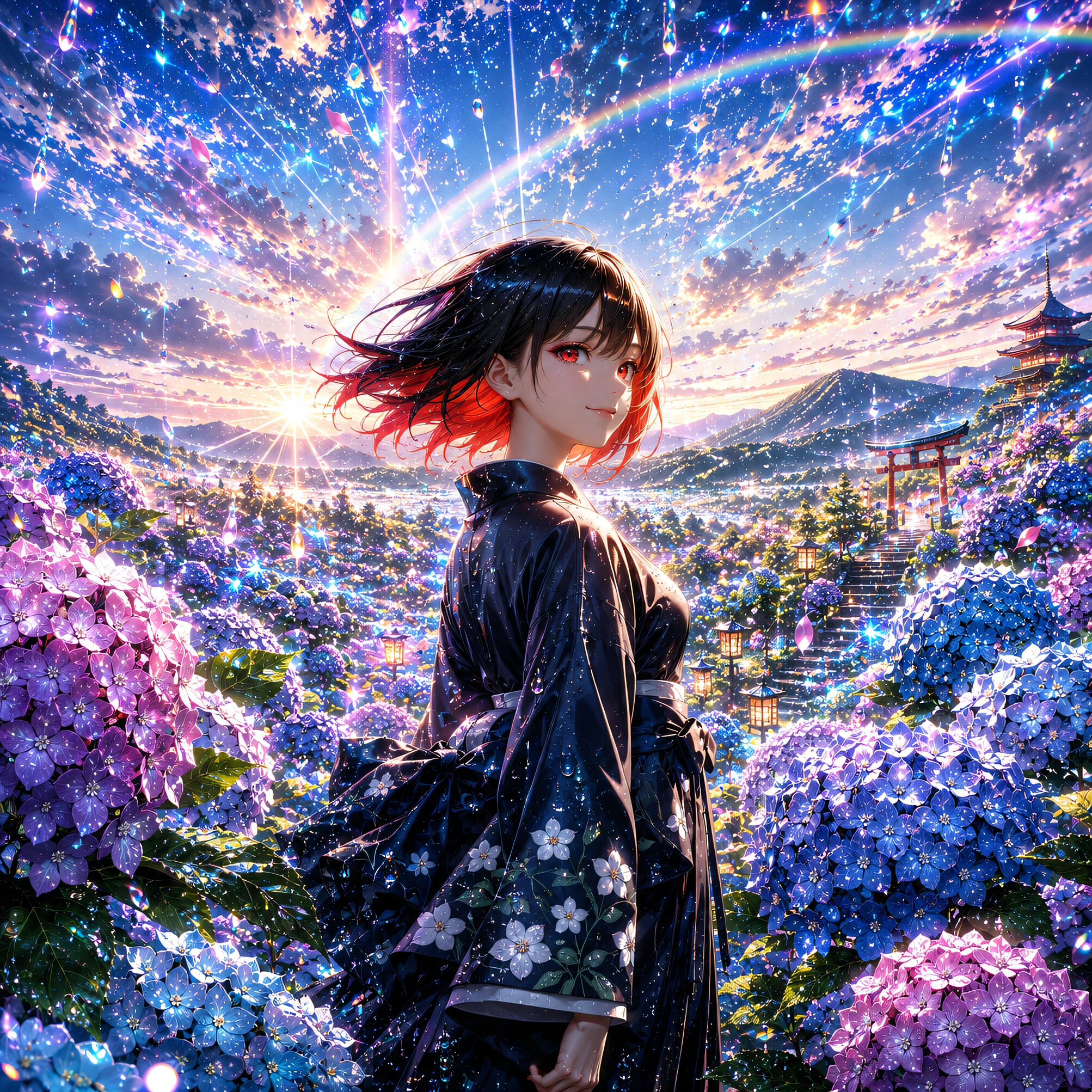 雨上がりの紫陽花と着物美人