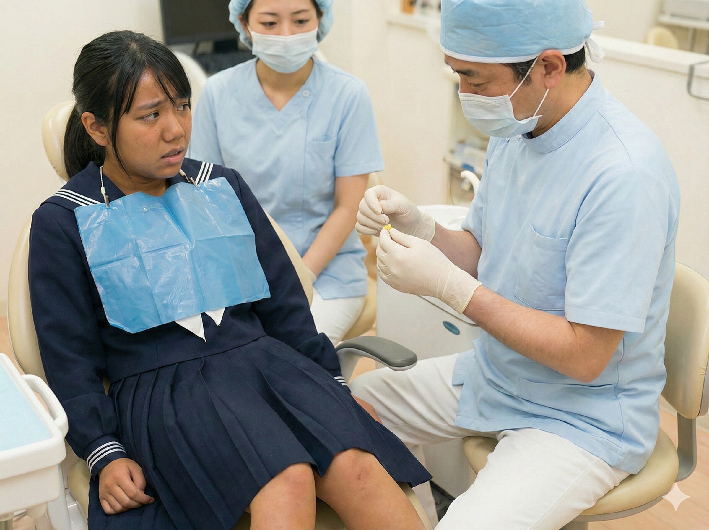 根管治療を準備する歯科医と怯える女子高生