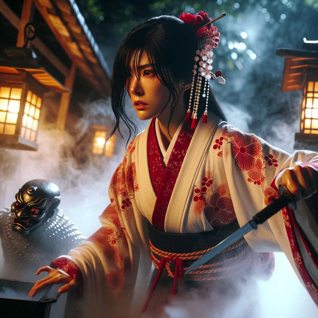 神社で魔物と戦う少女