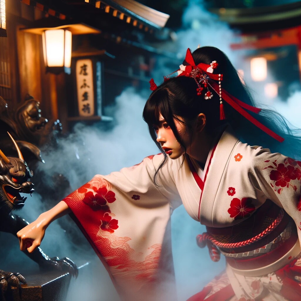 神社で魔物と戦う少女