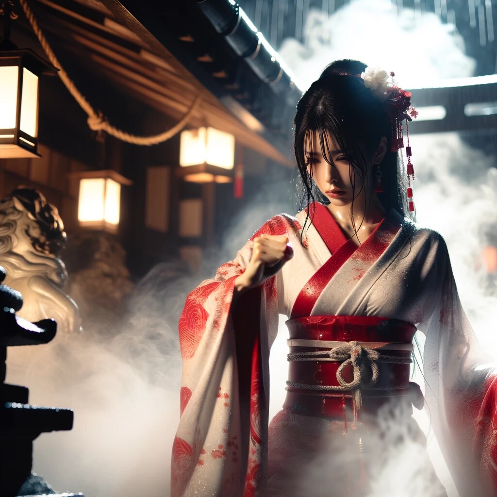 神社で魔物と戦う少女