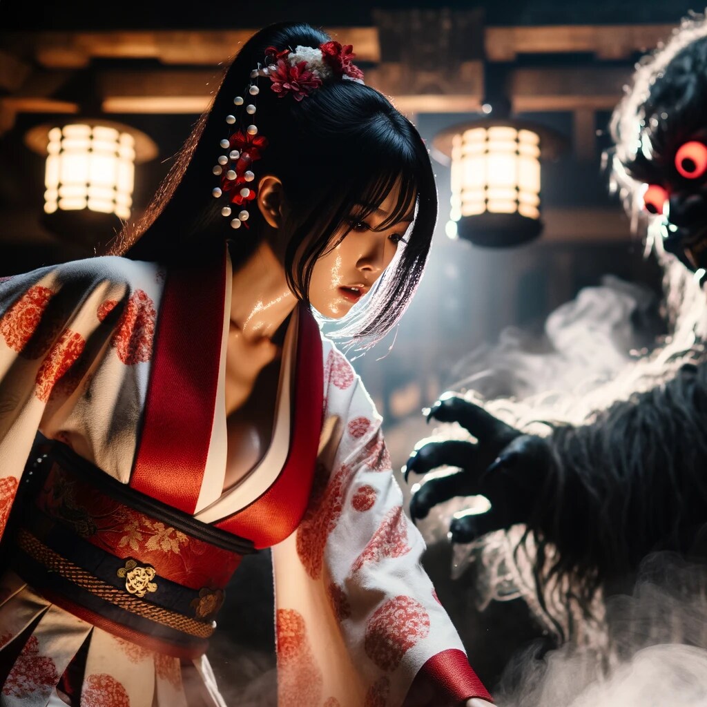 神社で魔物と戦う少女