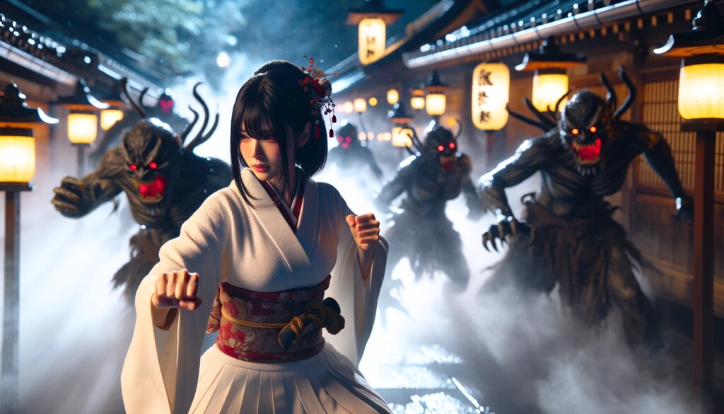 神社で魔物と戦う少女