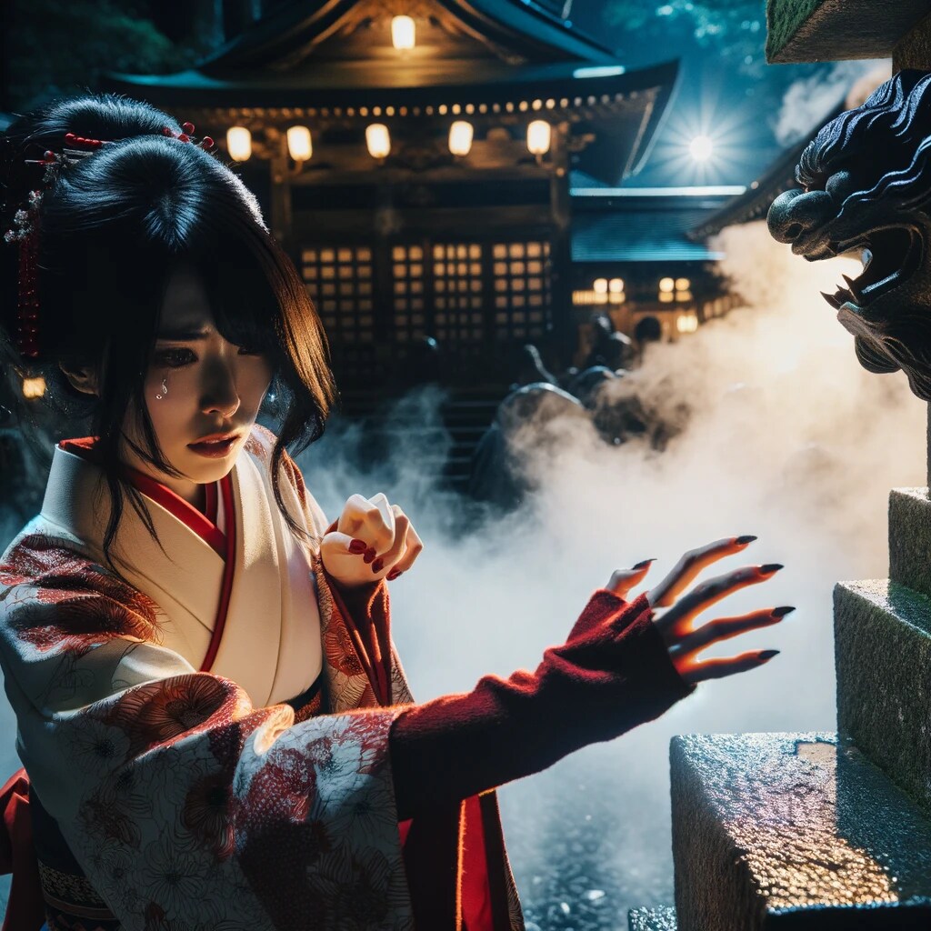 神社で魔物と戦う少女