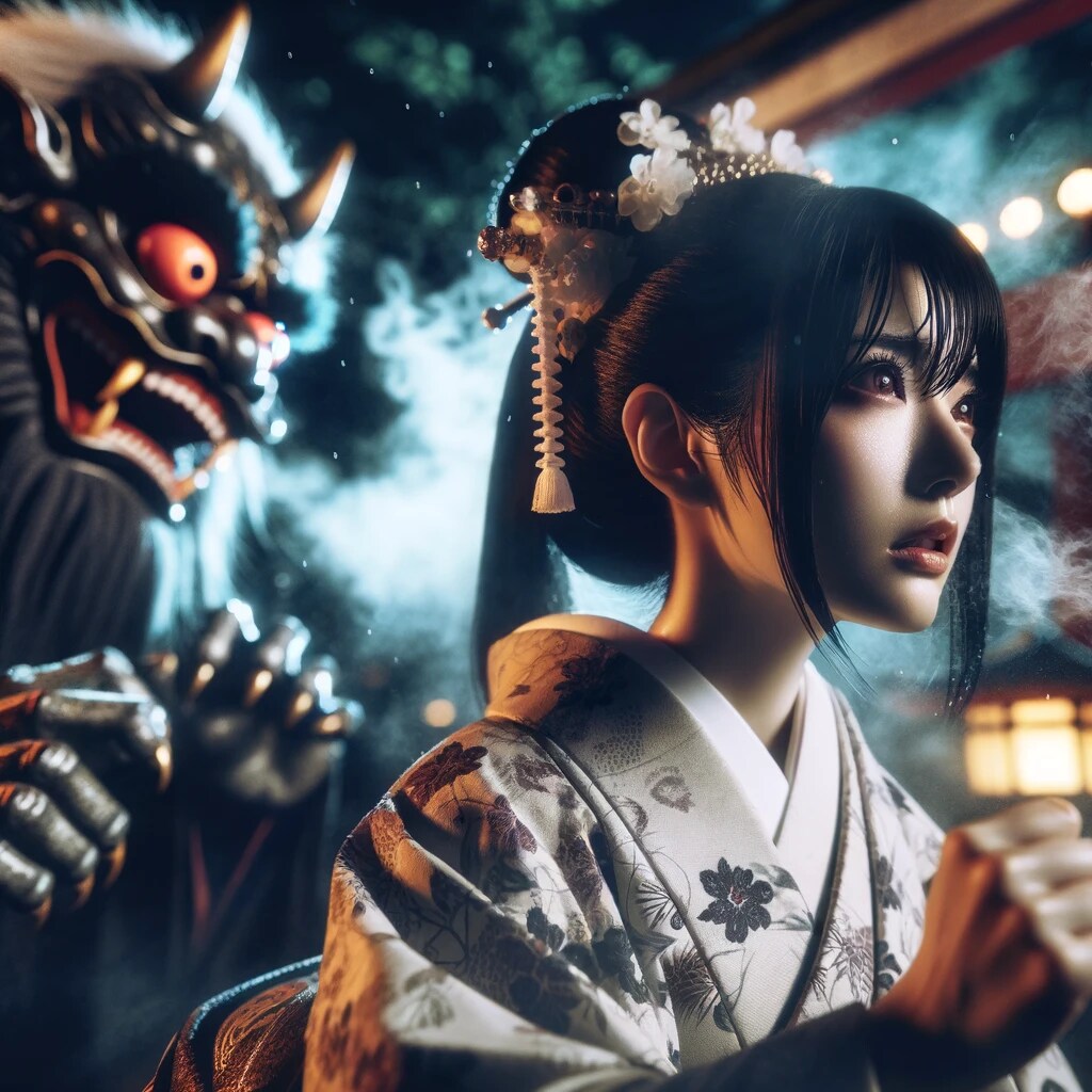 神社で魔物と戦う少女
