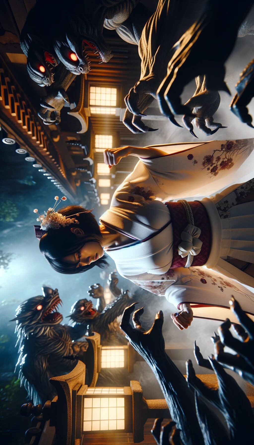 神社で魔物と戦う少女