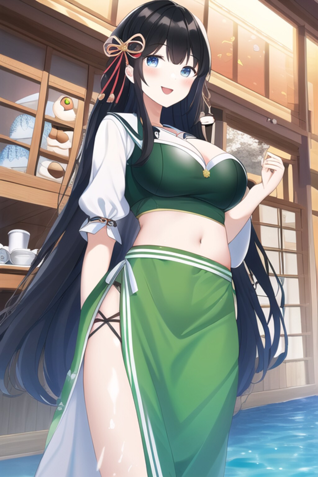 ヘソ出しディアンドルの女の子と和菓子です。