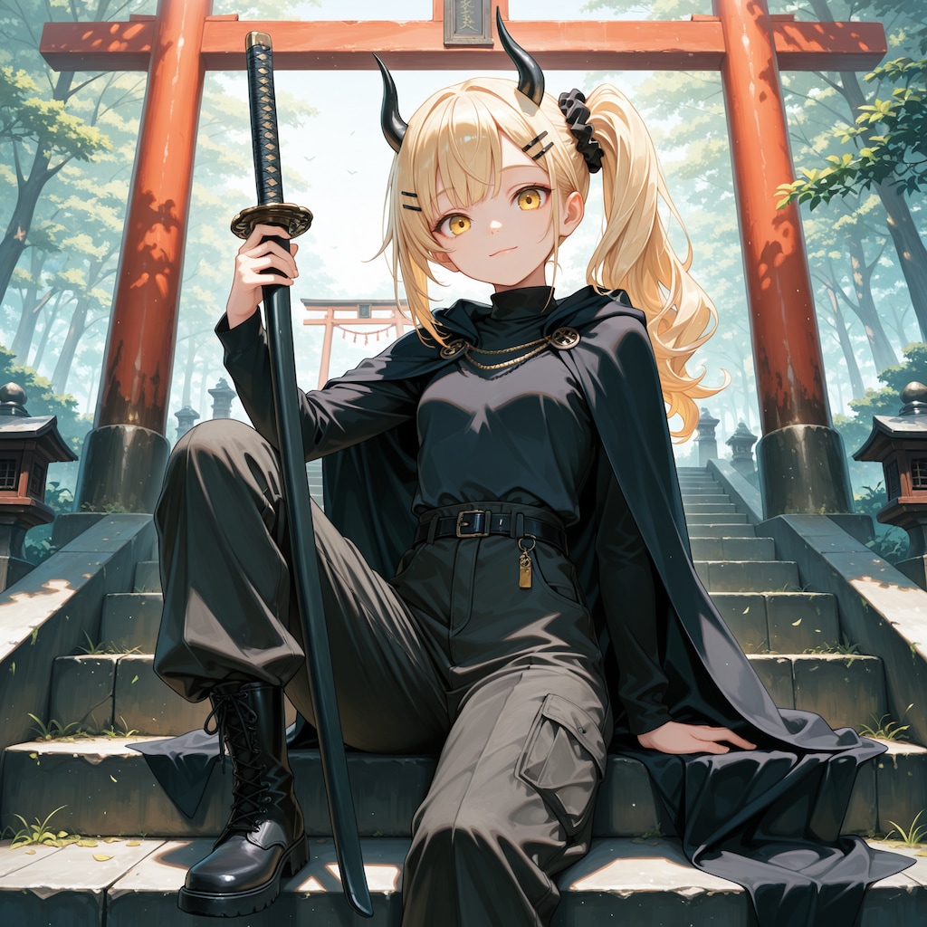 神社の階段に座る女鬼高生さん