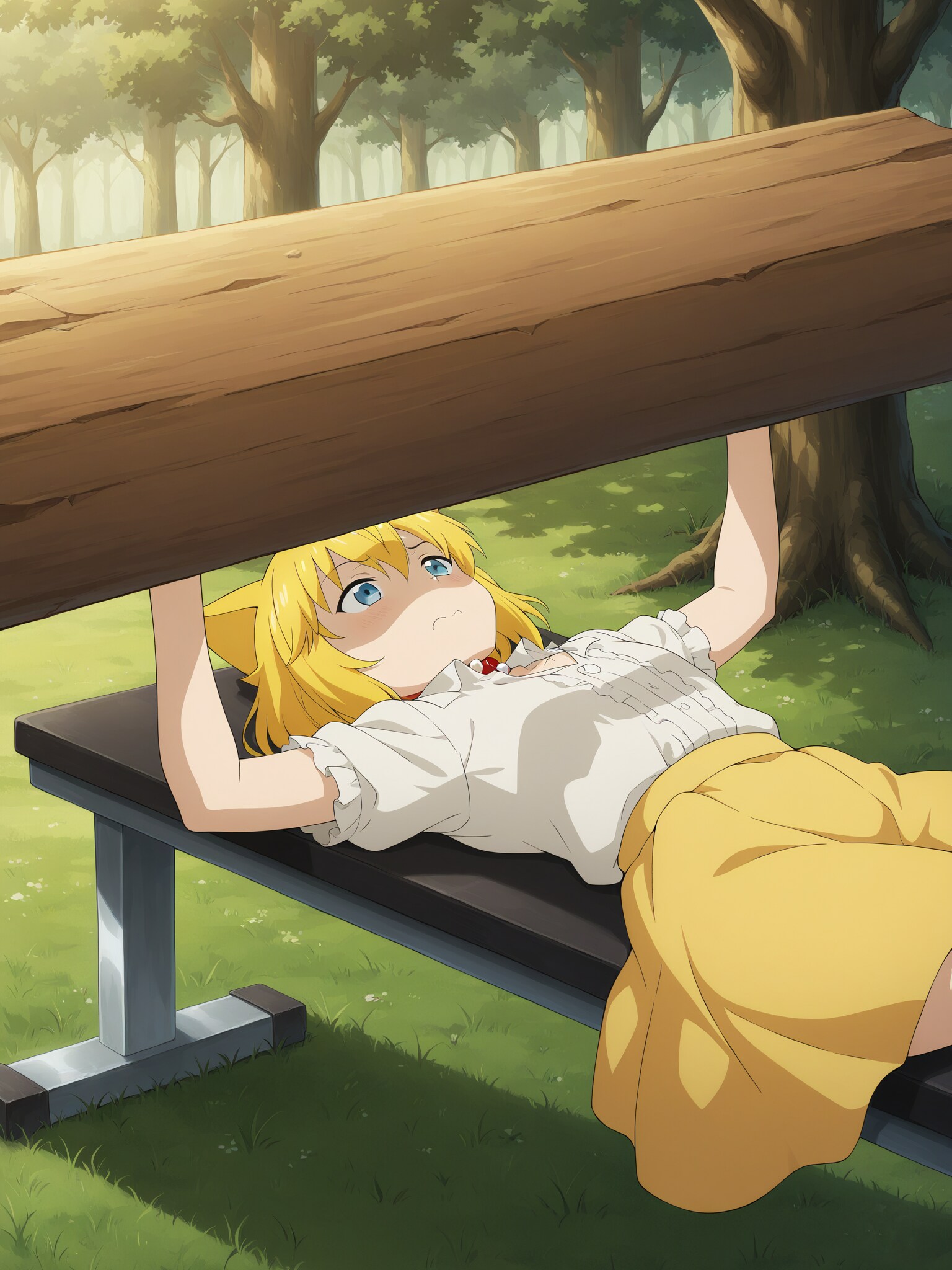 公園で遊び疲れてちょっと一息つくため木陰のベンチに腰を下ろそうとしたらそこにあったのは筋トレする時に使うベンチだったのでとりあえずそのまま流れに任せてワークアウトを開始す… | の人気AIイラスト・グラビア