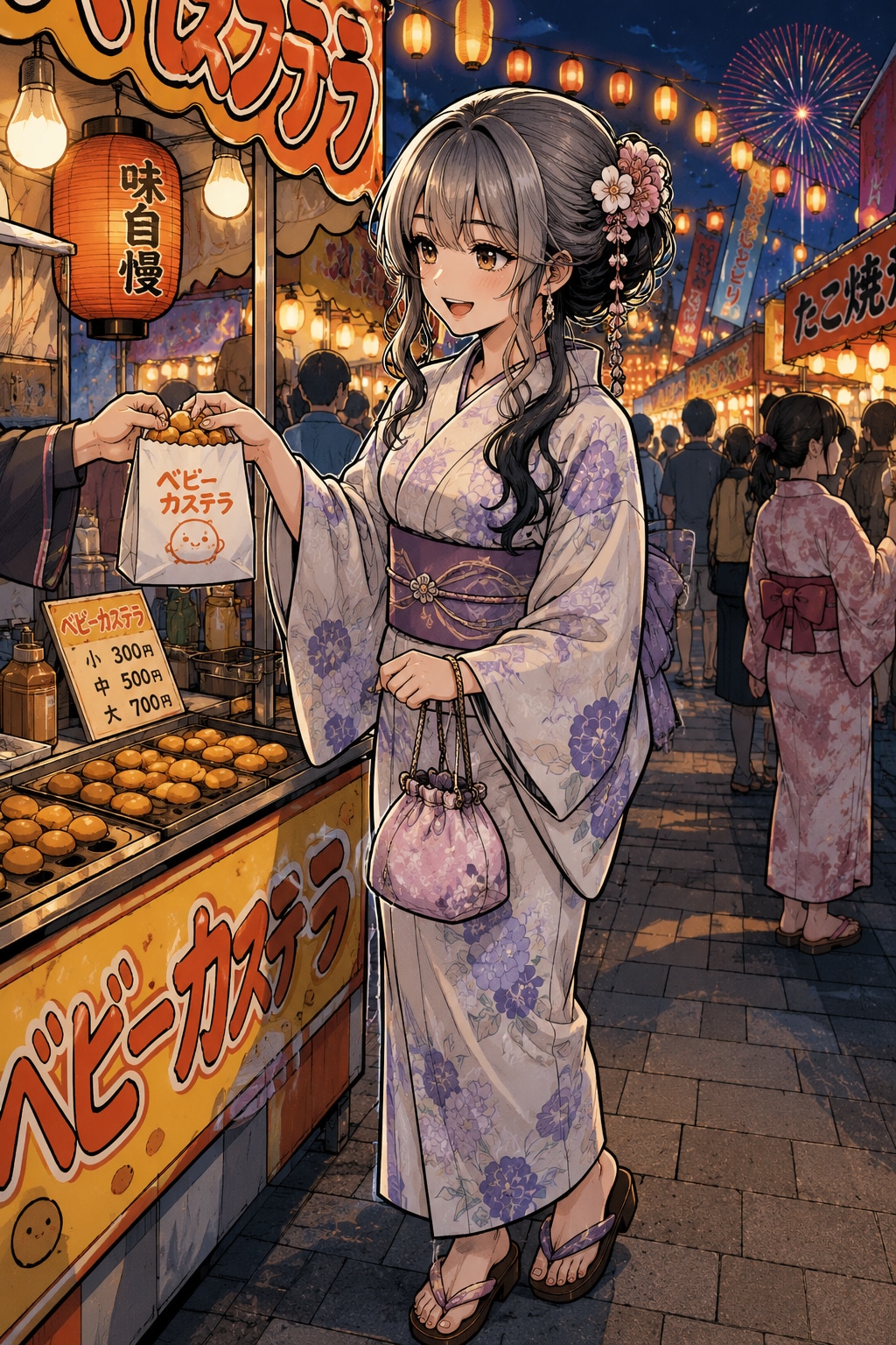 屋台でベビーカステラを買う浴衣女子♡
