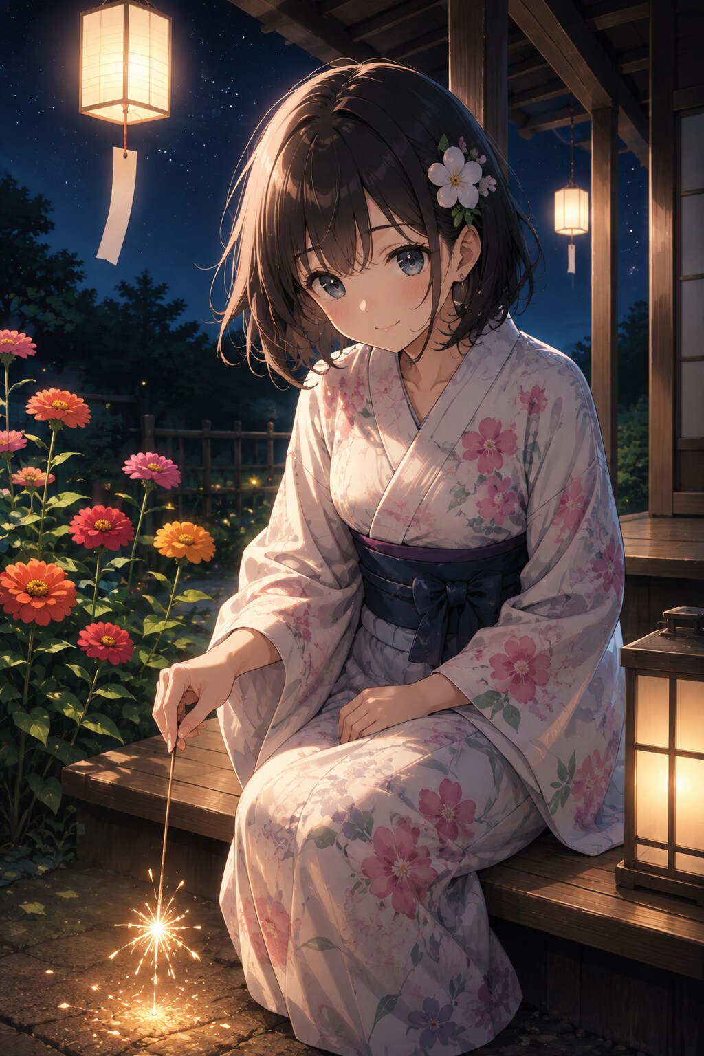 星空の縁側と線香花火 | の人気AIイラスト・グラビア