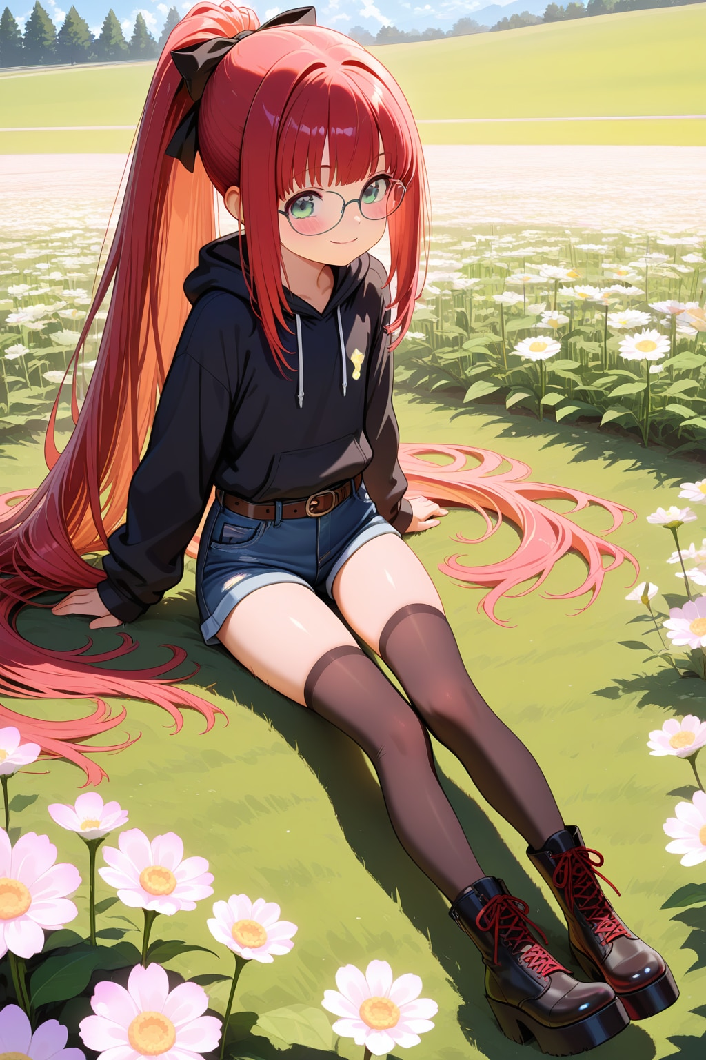 オオイヌノフグリの花畑と絶対領域の組み合わせ