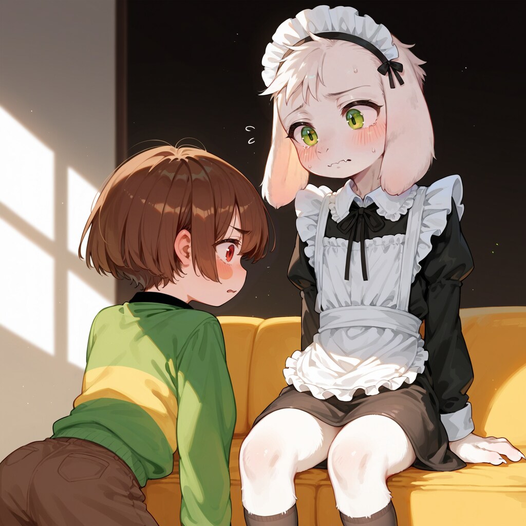 メイド服を着せられるアズリエルくん