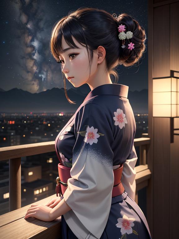 天の川と浴衣の少女