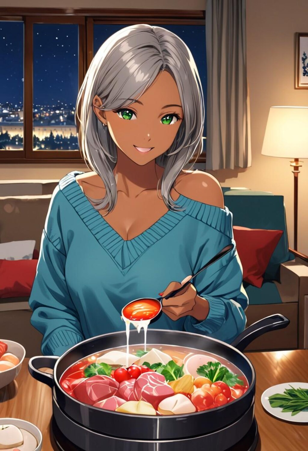 鍋料理を食べる褐色お姉さん