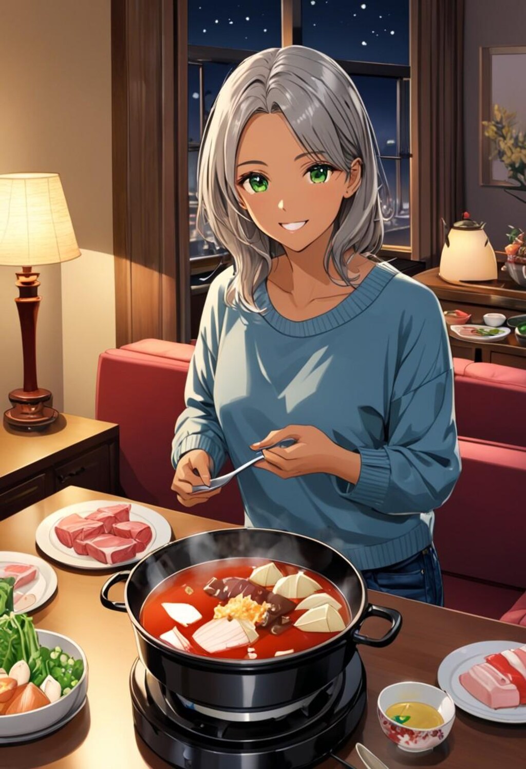 鍋料理を食べる褐色お姉さん