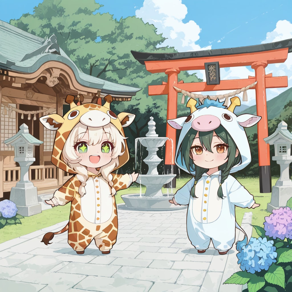 神社を参拝するキリン着ぐるみちび子ちゃん | の人気AIイラスト・グラビア