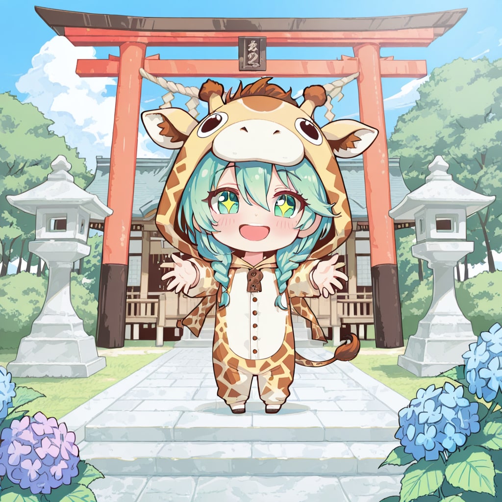 神社を参拝するキリン着ぐるみちび子ちゃん