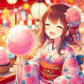『秋祭の屋台で綿飴を食べている浴衣の女の子。』 3枚目