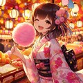 『秋祭の屋台で綿飴を食べている浴衣の女の子。』 2枚目