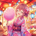 『秋祭の屋台で綿飴を食べている浴衣の女の子。』 4枚目