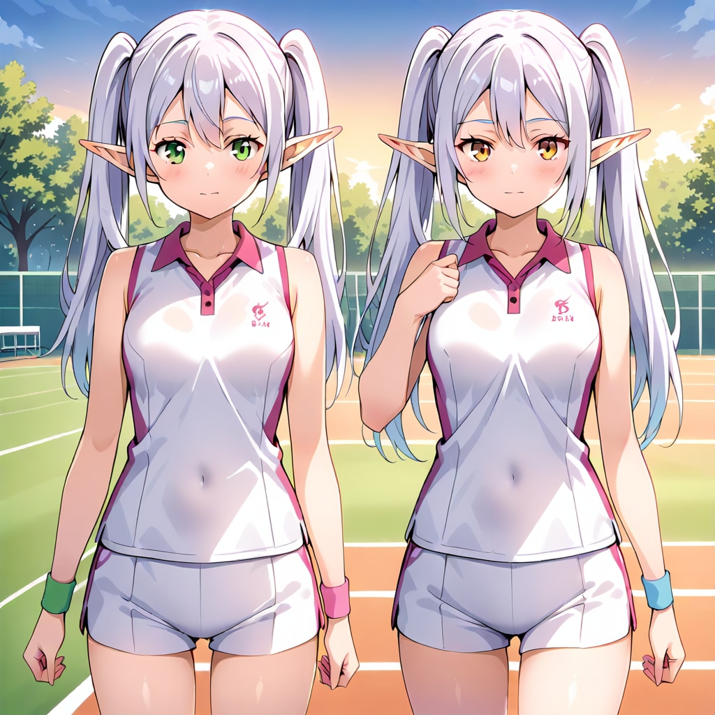 陸上ユニフォームを着た銀髪エルフの女の子