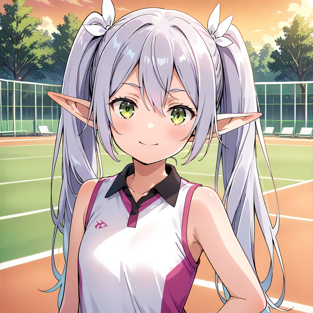 陸上ユニフォームを着た銀髪エルフの女の子