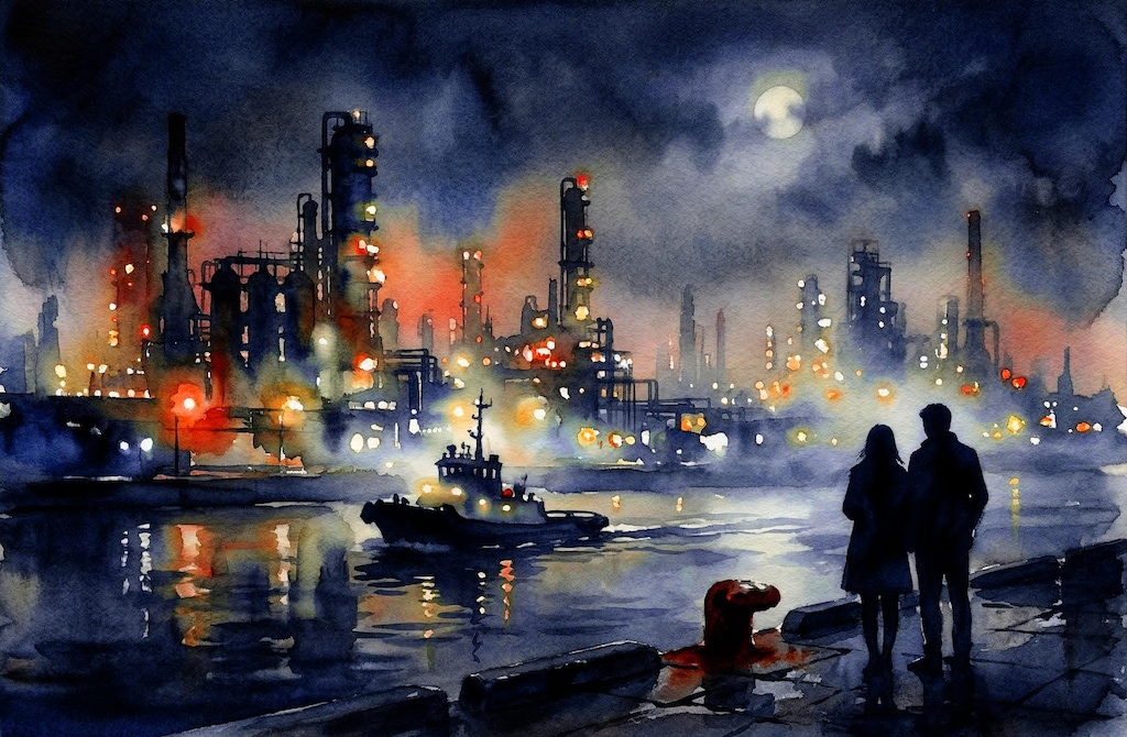 夕靄の工場夜景