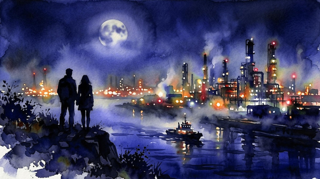 夕靄の工場夜景