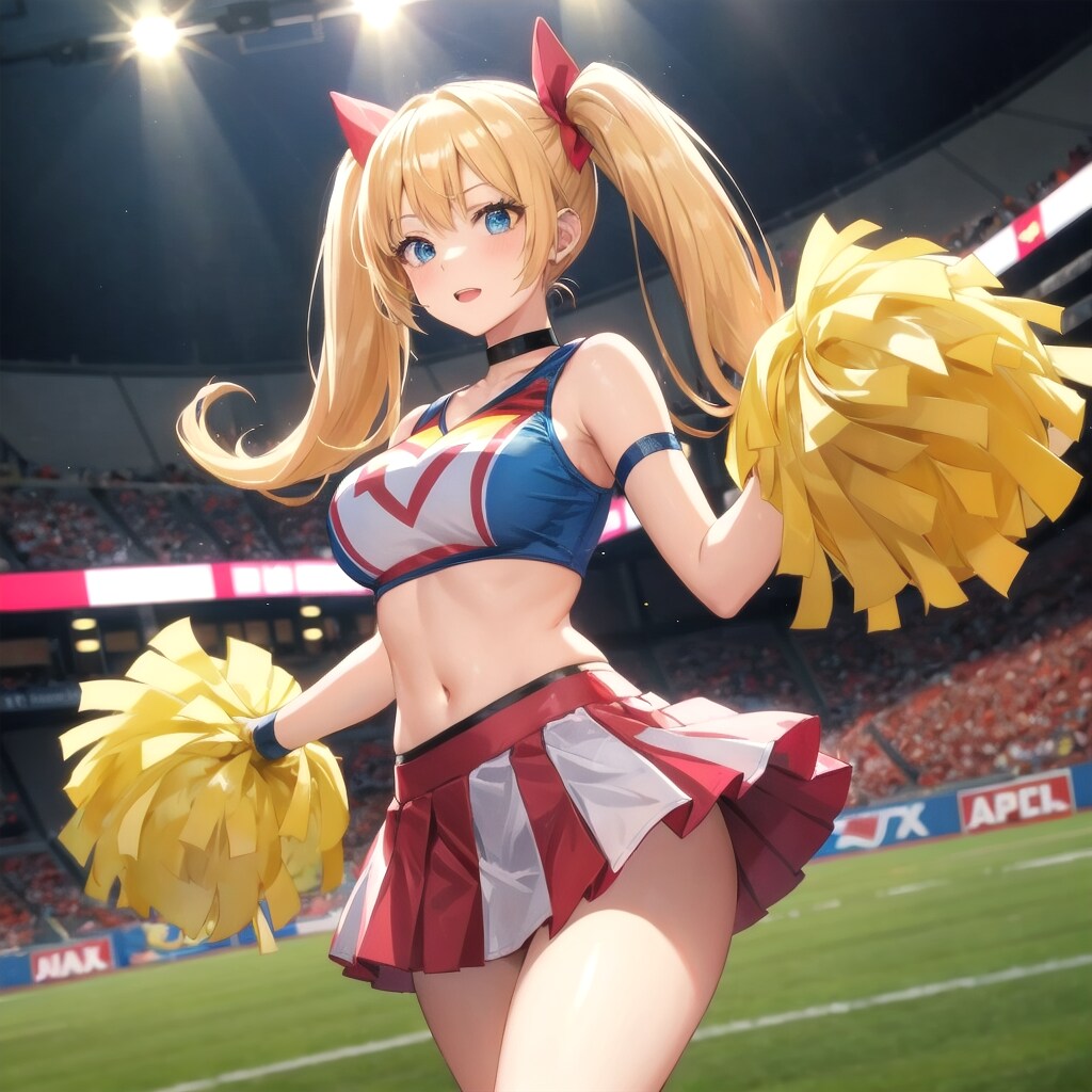 スタジアムで応援するブロンドツインテールのチアガール