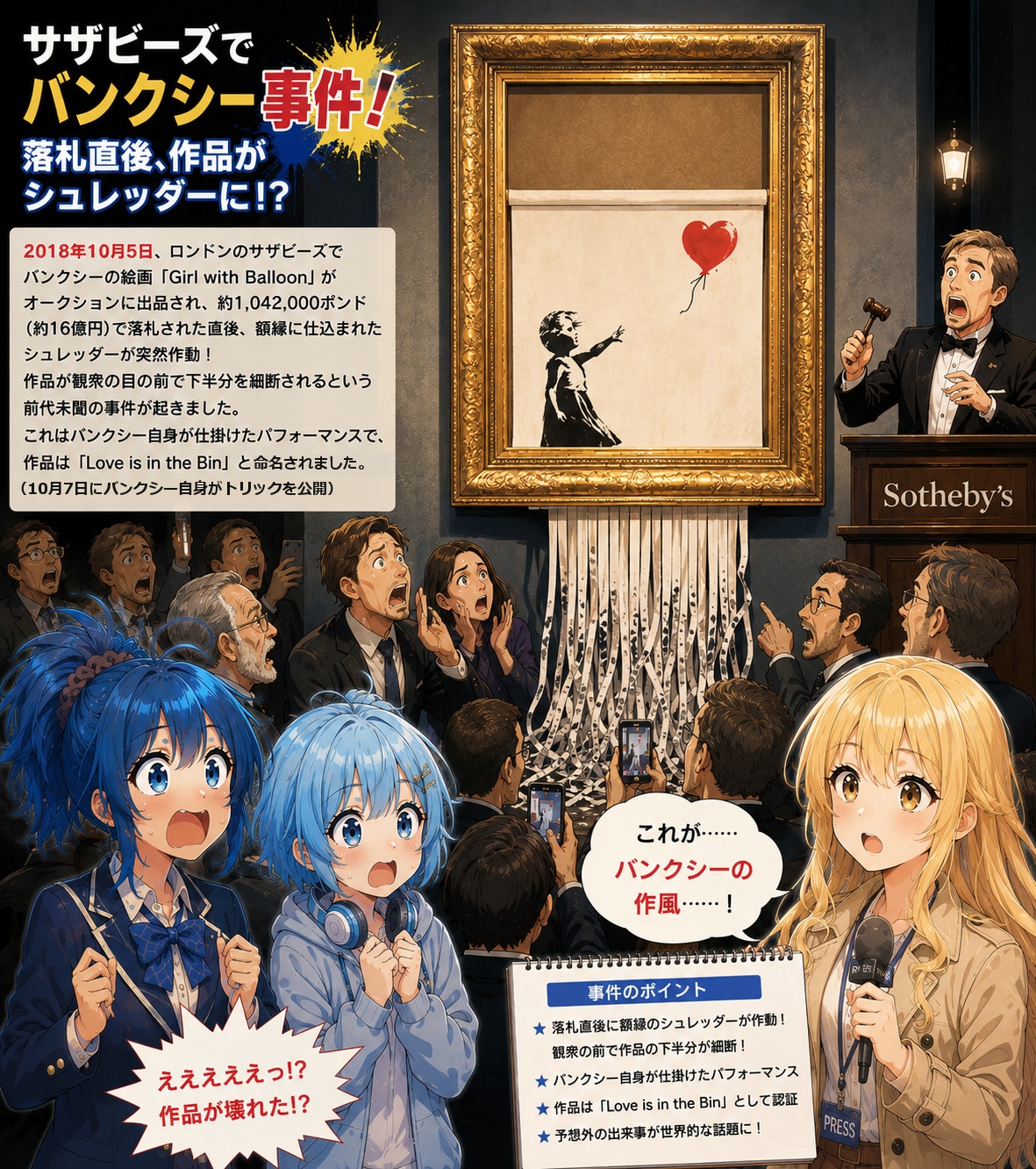 10月7日はバンクシーの作品がオークションの最中にシュレッダーされた事件の真相が暴露された日 | の人気AIイラスト・グラビア