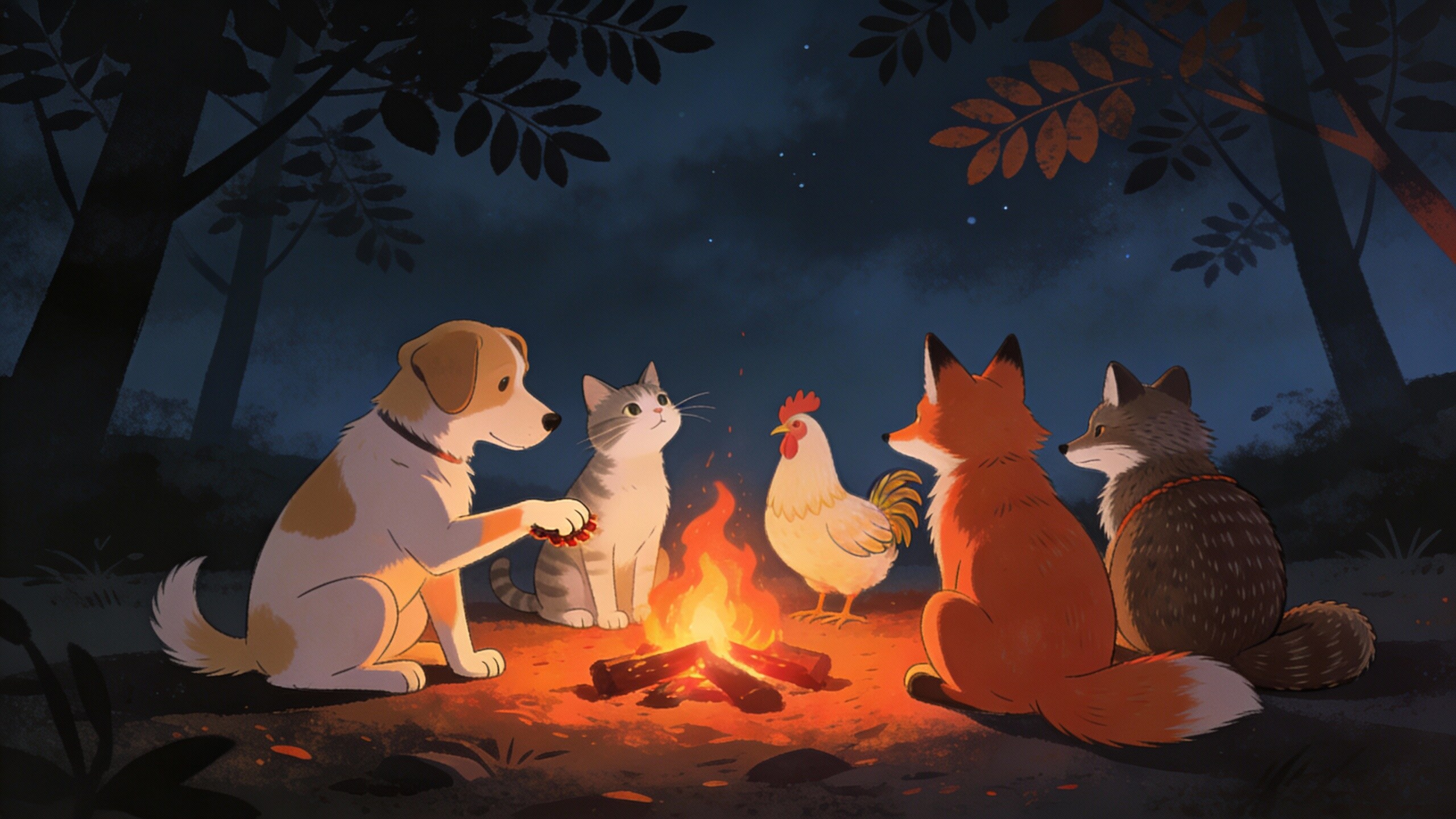 焚き火を囲む動物たち