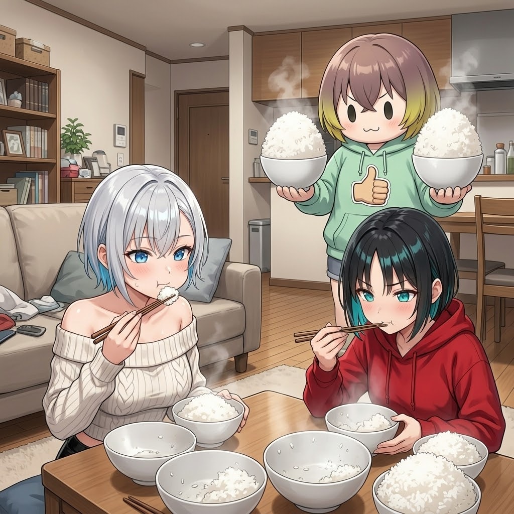 梢香ちゃんとあかりちゃんにご飯&ご飯するボーイッシュ