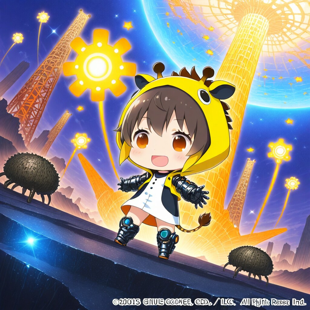 荒廃した未来都市のキリン着ぐるみちび子ちゃん