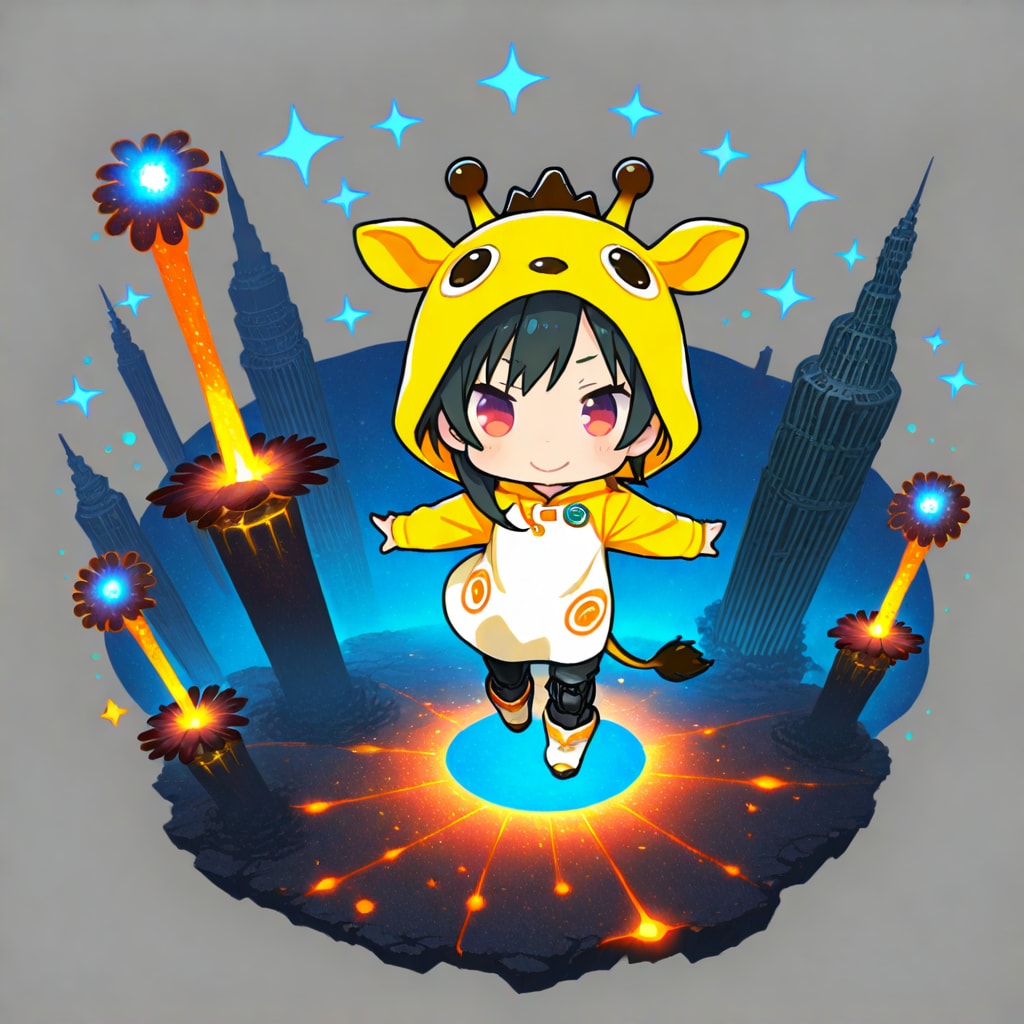 荒廃した未来都市のキリン着ぐるみちび子ちゃん