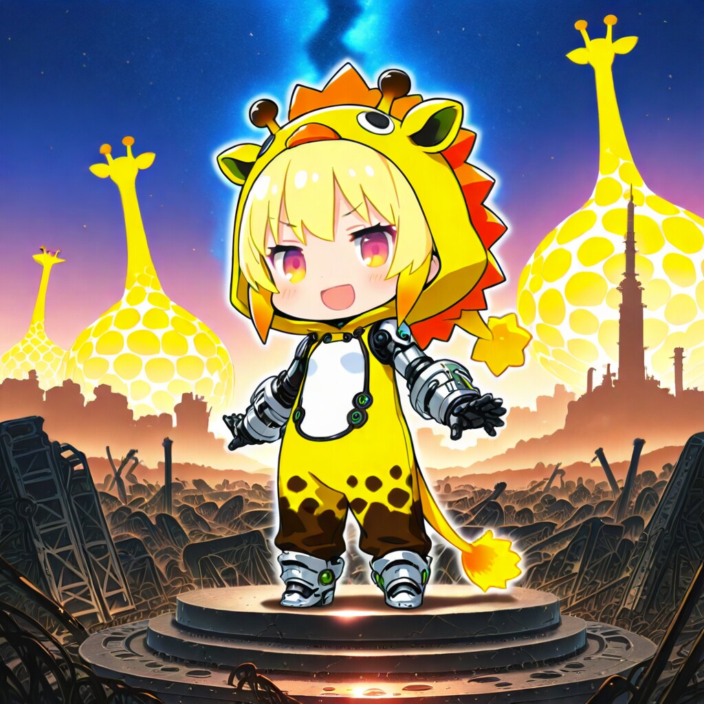 荒廃した未来都市のキリン着ぐるみちび子ちゃん