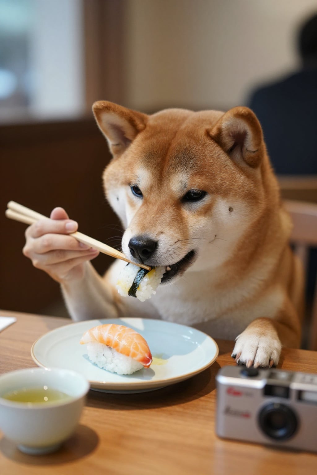 寿司を箸で食べる犬。