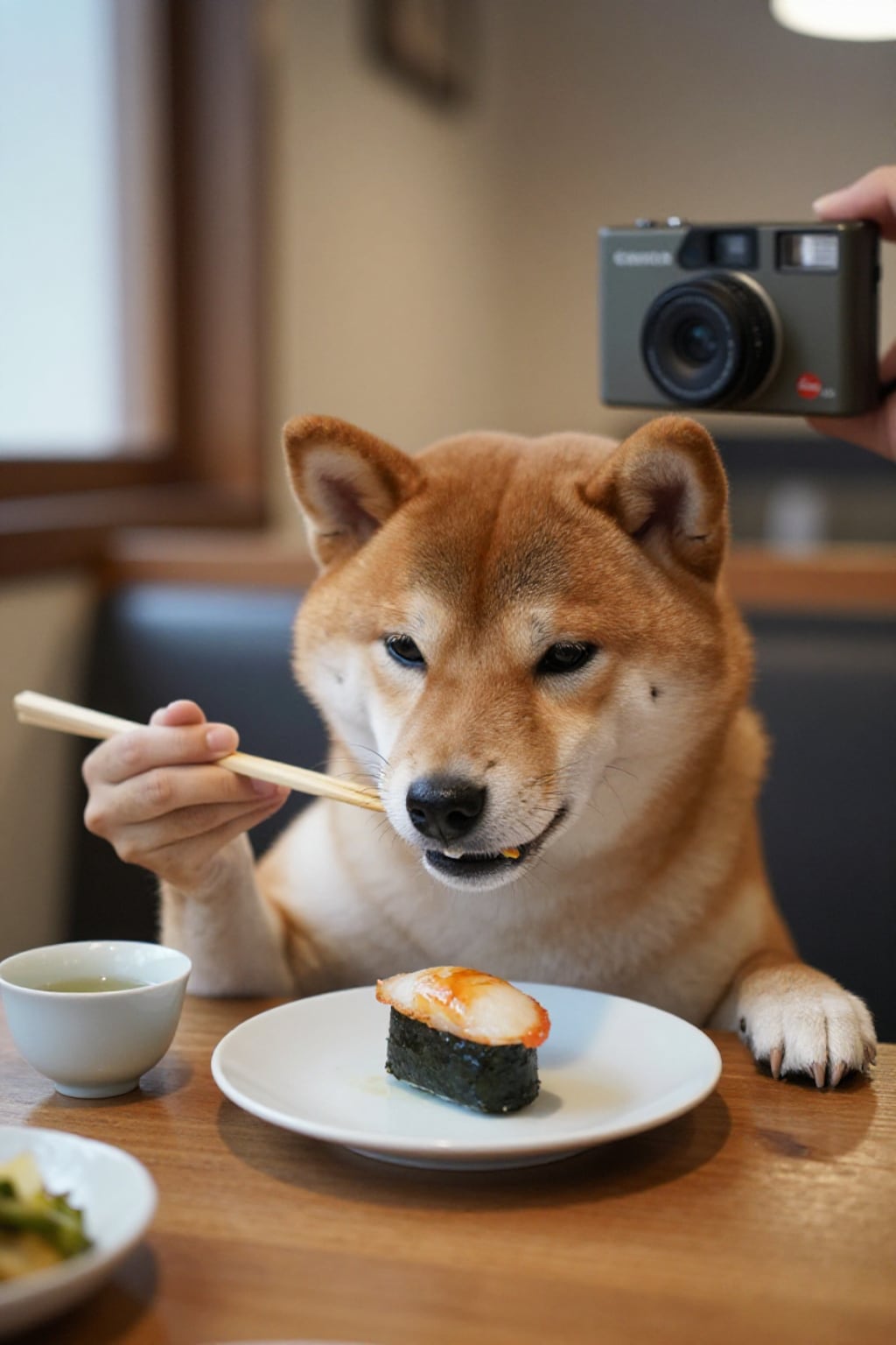寿司を箸で食べる犬。