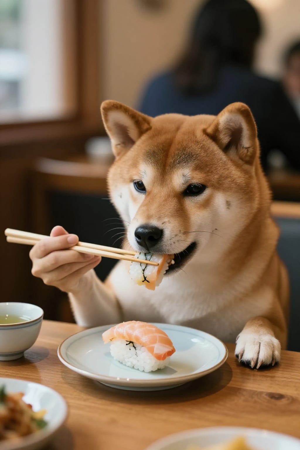 寿司を箸で食べる犬。