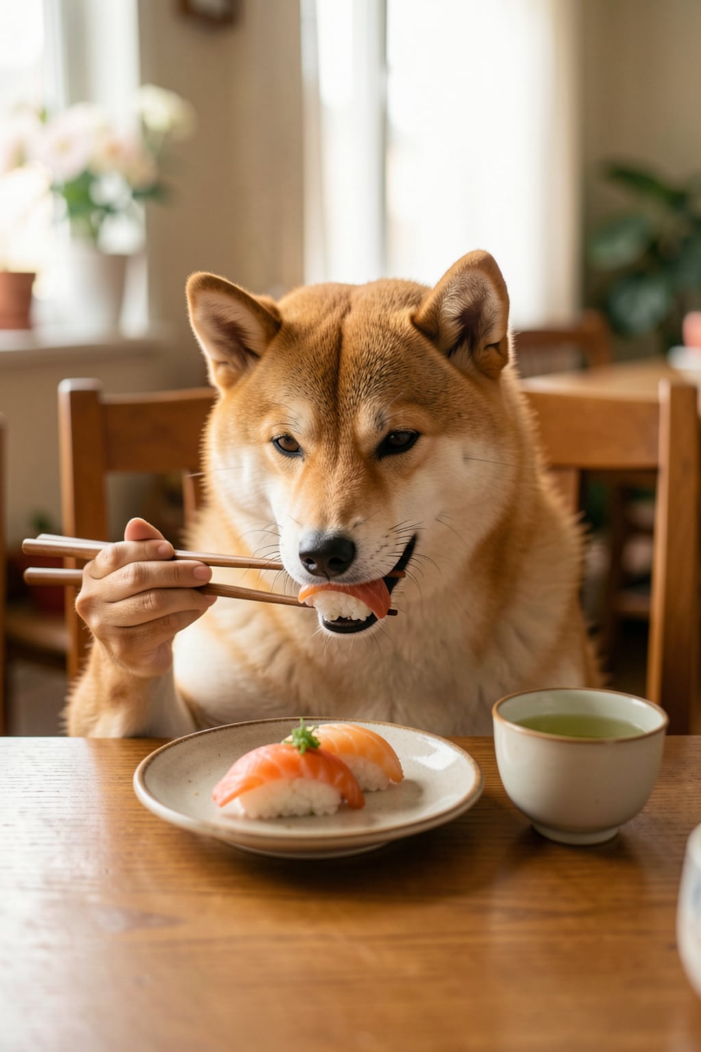 寿司を箸で食べる犬。