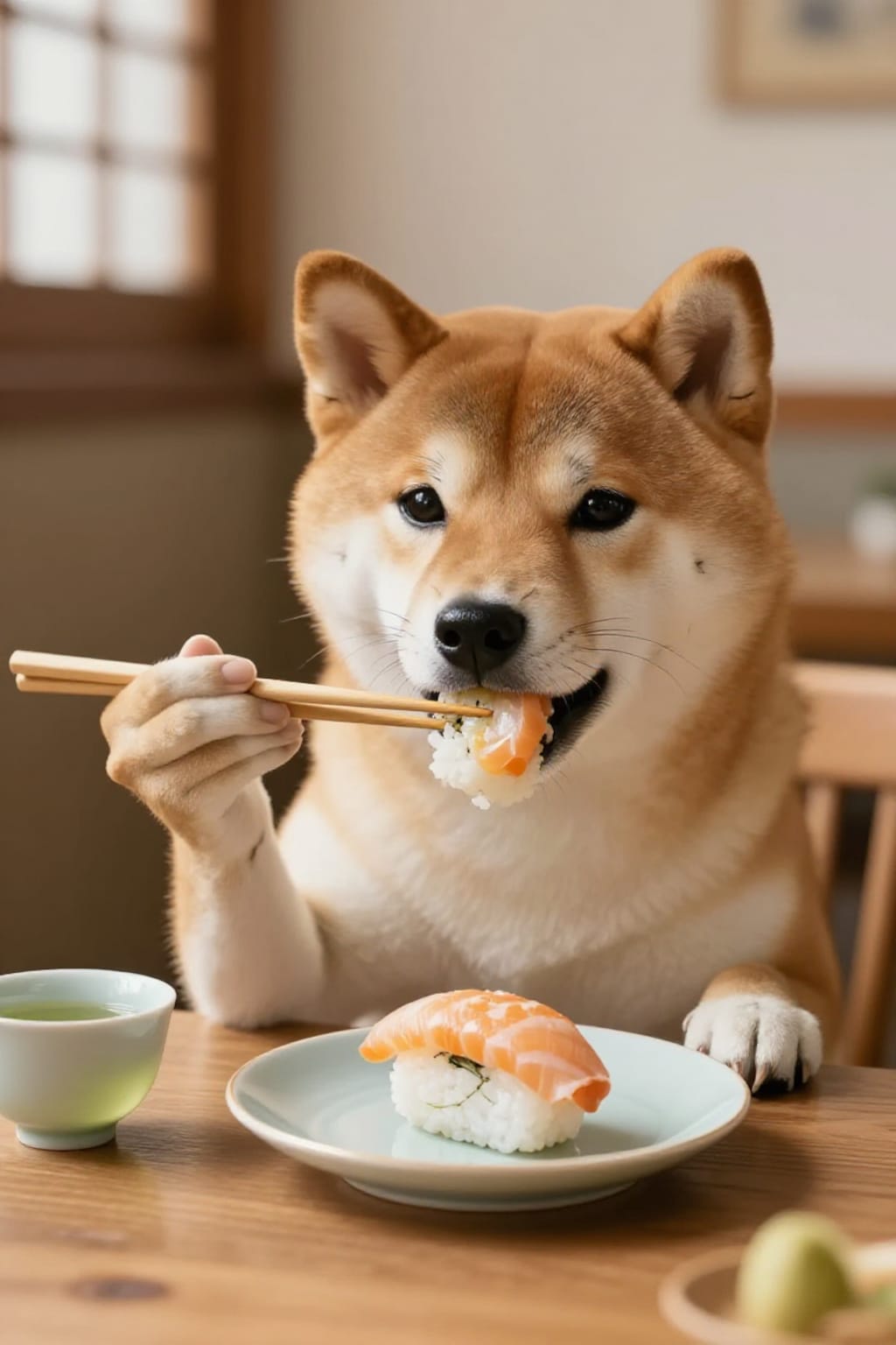 寿司を箸で食べる犬。