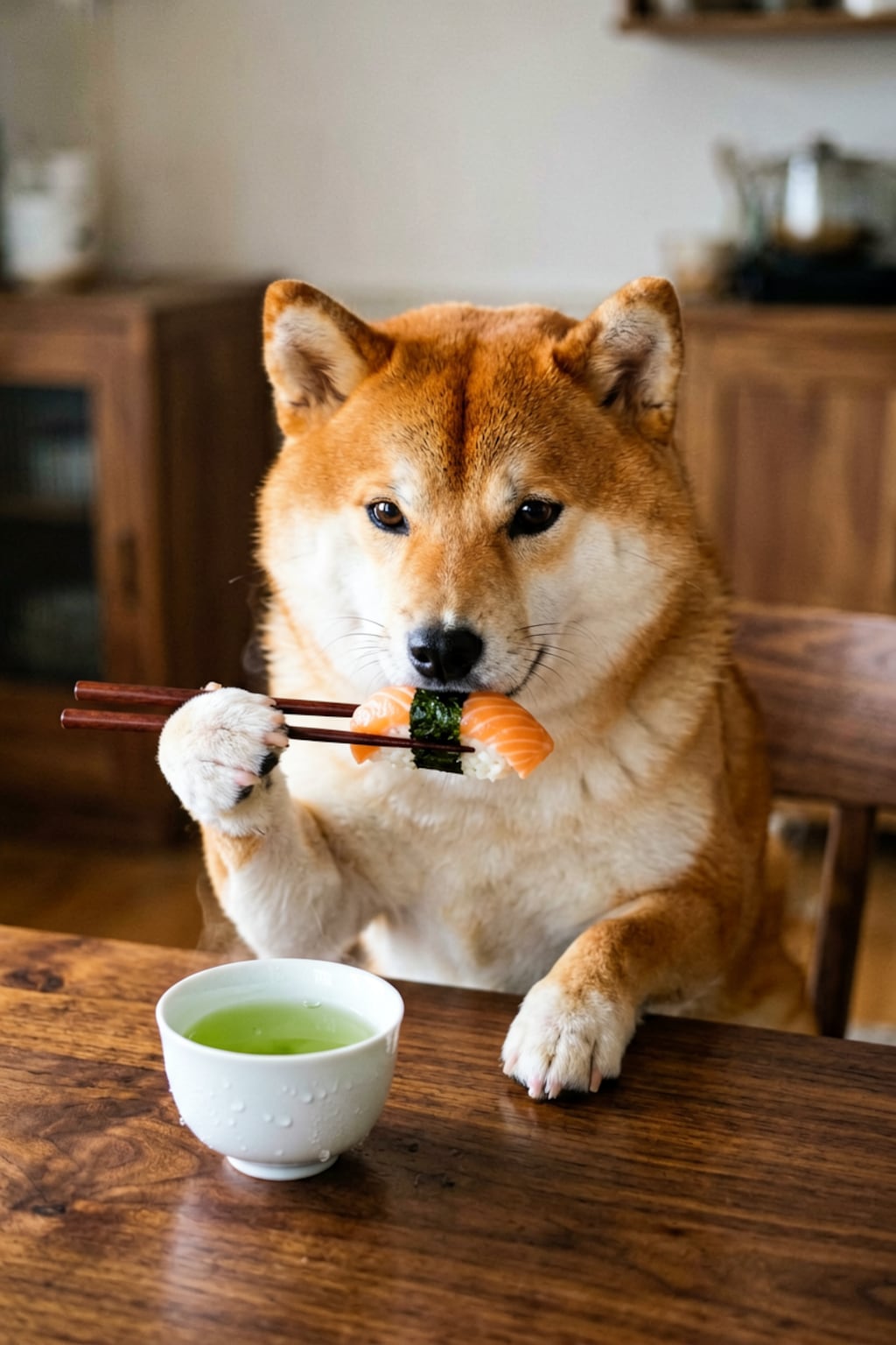 寿司を箸で食べる犬。