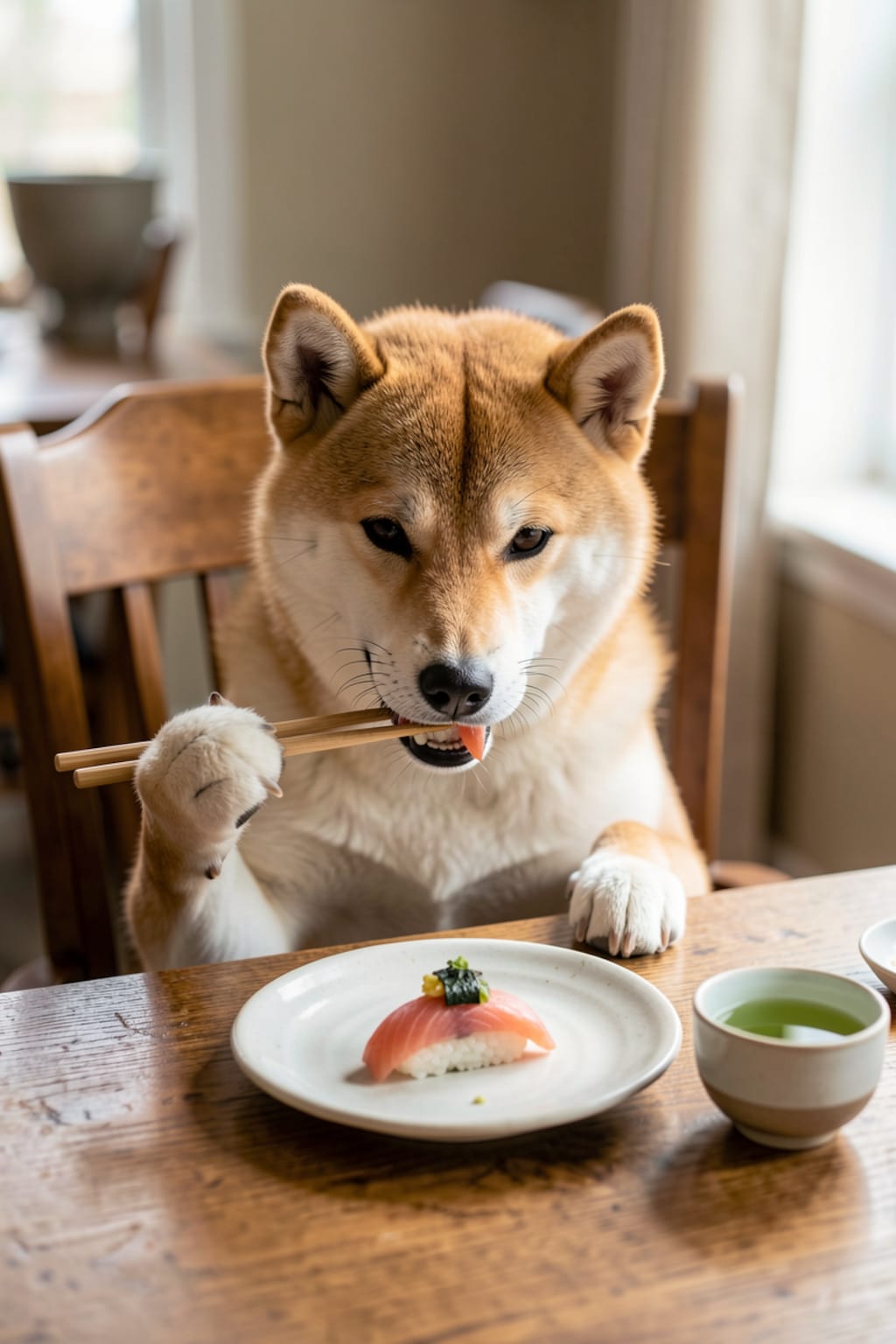 寿司を箸で食べる犬。