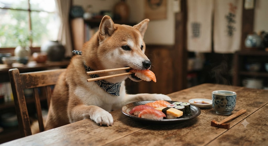 寿司を箸で食べる犬。