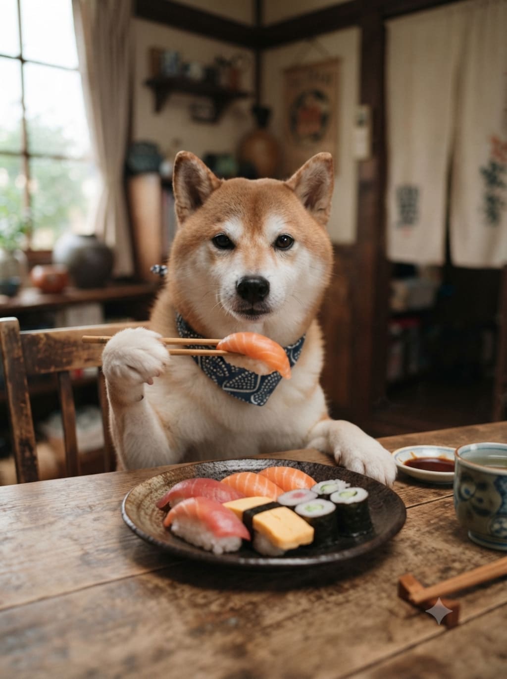 寿司を箸で食べる犬。