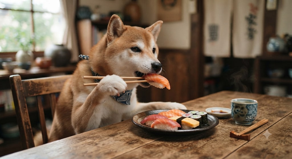 寿司を箸で食べる犬。