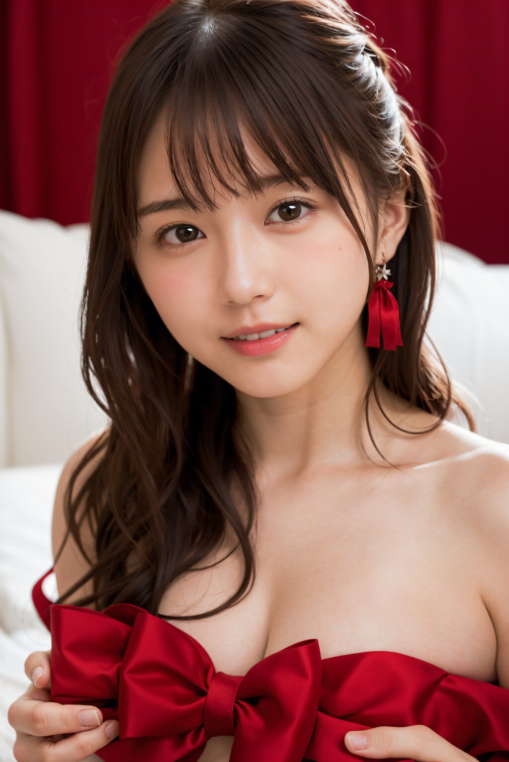 赤いリボンドレスの女性